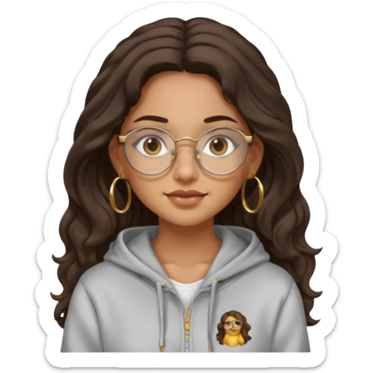 Make a girl with dark brown wavy hair and brown eyes she's tan latina and she has clear glasses and small hold hoop earings make her hair longer and her a hoodie sticker