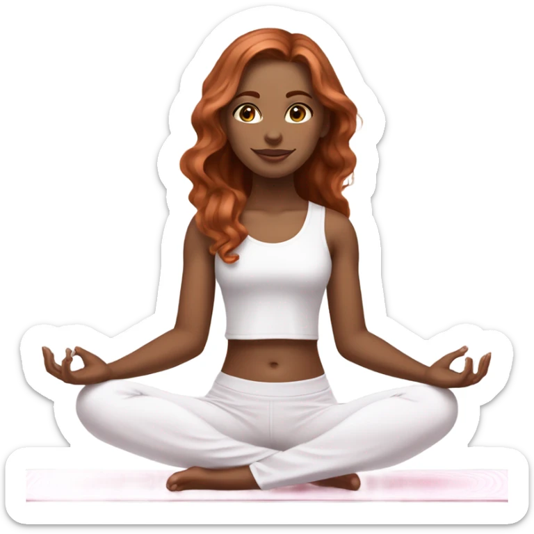 Girl with pale skin, dark brown eyes, medium length wavy copper hair wearing white shirt and light pink pants doing yoga on white yoga mat sticker