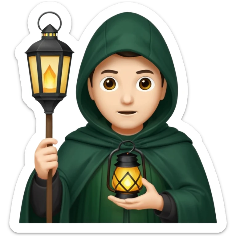 traitor tv show, person wearing dark green cloak with hood up who looks evil and is holding up a lantern sticker