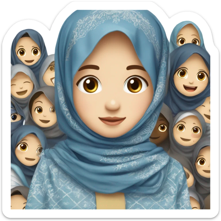anak cewek umur 16 tahun memakai behel warna biru muda dan kacamata berwarna putih tangkai nya cokelat, menggunakan baju dress biru muda blouse, kalung bintang kecil di leher nya, memakai hijab pashmina berwarna putih, warna kulit samo matang sticker