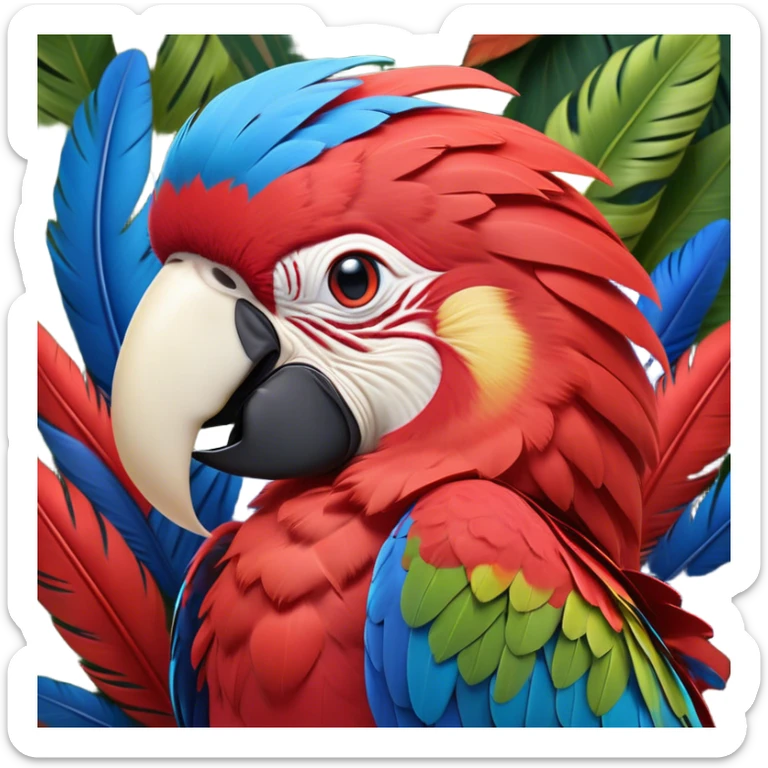 Cinematic Realistic Cute Yawning Macaw Portrait Emoji, Head tilted slightly with a dramatic, wide-open yawn, showcasing a soft, downy arrangement of vivid scarlet and blue feathers with gently drooping features and half-closed, drowsy eyes, rendered with lifelike feather detail and natural lighting, high shine, relaxed yet expressive, styled with a dash of tropical whimsy, soft glowing outline, capturing the essence of a sleepy yet affectionate macaw that appears ready to rest its wings in a quiet, enchanted moment! sticker