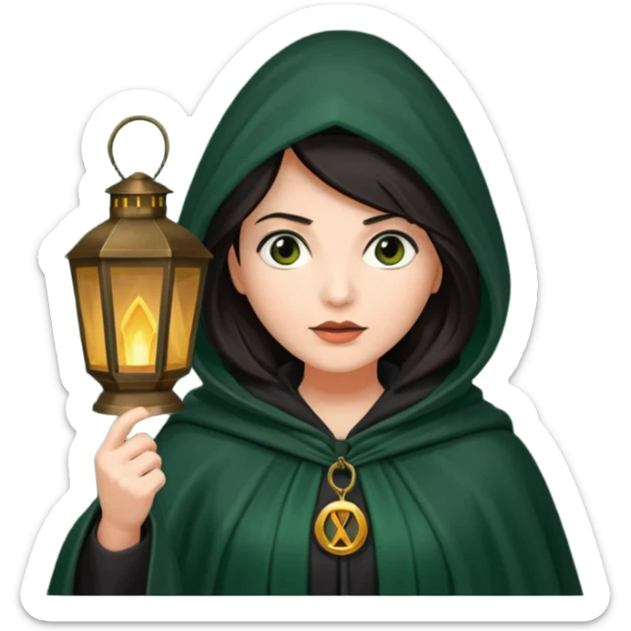 traitor tv show, dark haired woman wearing dark green cloak with hood up who looks very evil and is holding up a lantern sticker