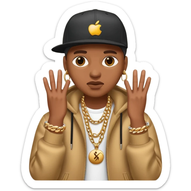 apple emoji styled as rapper FlakoSteppn with hip hop fashion, jewelry, confident expression sticker