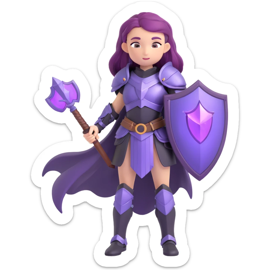 mysterious warrior girl with flowing purple hair, dressed in black armor, with a magical shield, emoji style sticker
