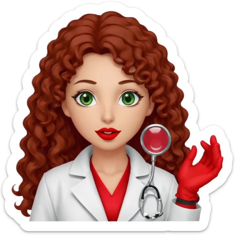 Lilith symbol sexy evil woman. She has green eyes.  had brown long curly hair.  evil surgeon kills with scalpel wears red sexy doctor coat with red mouth cover red gloves. Covers nose, neck  and mouth with Muslim red berka sticker