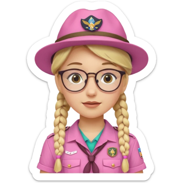 scout girl with pink scout uniform including hat, blonde braided haired and glassess sticker