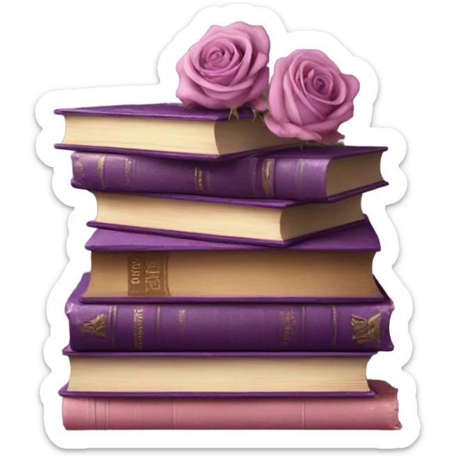 An aesthetic stack of vintage books in various shades of purple with dried pink roses. sticker