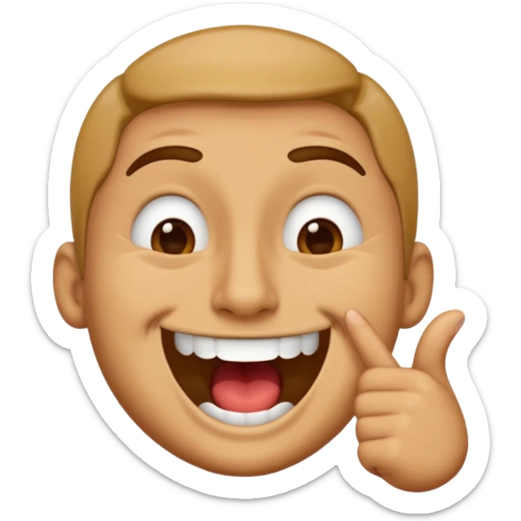 A smug-looking emoji with a wide, crooked grin and half-closed eyes, giving a cocky vibe, whilst mewing with his white hand pointing at his sharp jawline, showcasing a "sigma" look. sticker