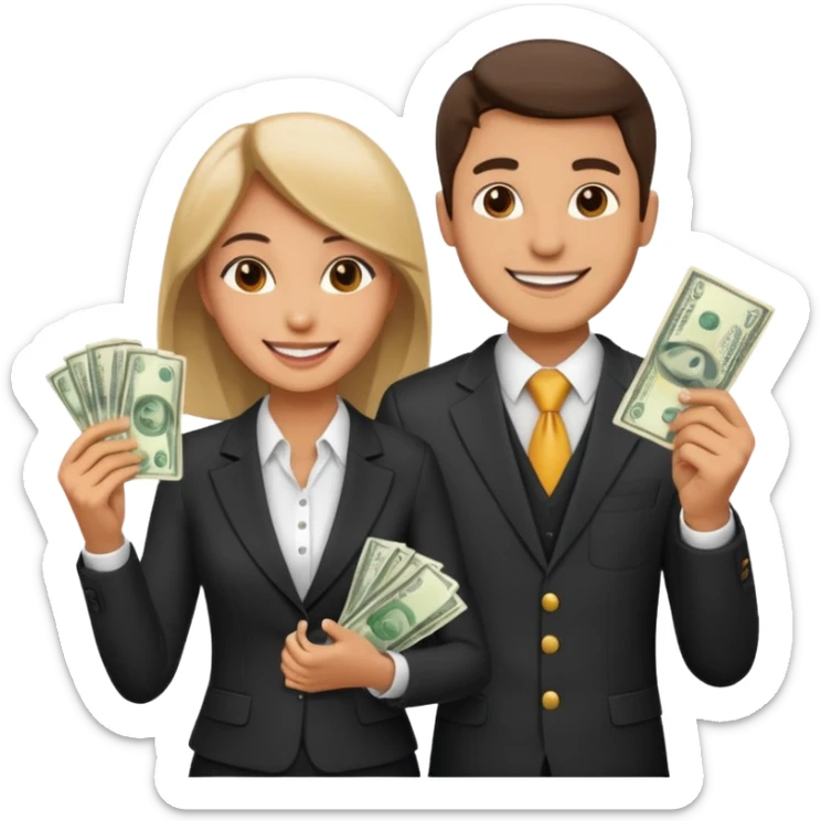 Una pareja (chico y chica de 28 años) vestidos con traje profesional y con dinero sticker