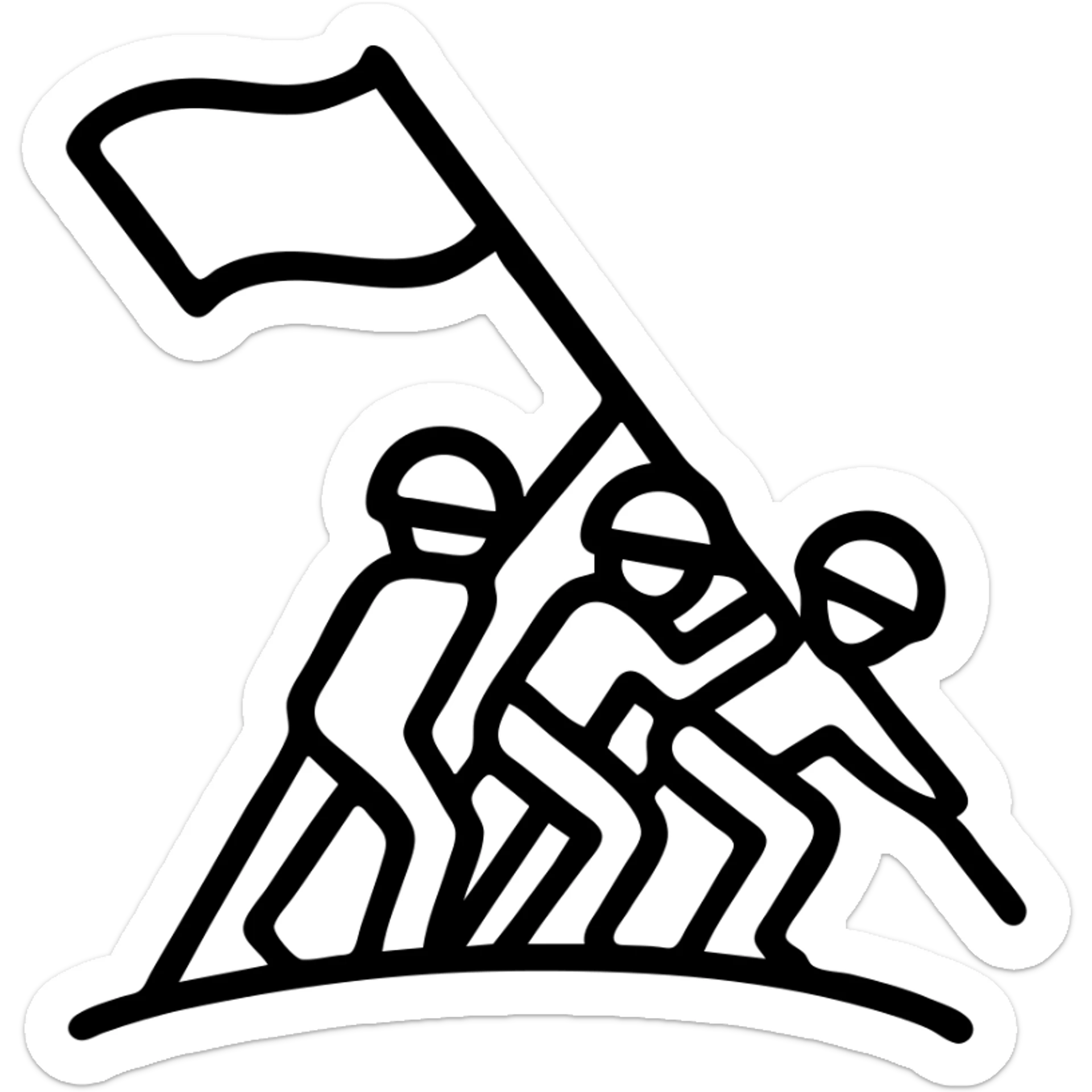 three soldiers pushing a flagpole inspired by the Raising the Flag on Iwo Jima photo, cartoon style, bold lines, simplified forms, no text sticker