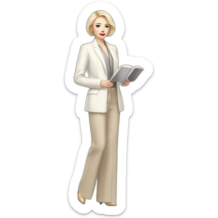 Full height pale skin woman with ash blonde Straightened bob Hair, White Spacious classical jacket, beige palazzo Arrow pants and gray blouse holding a color palette in the hands sticker
