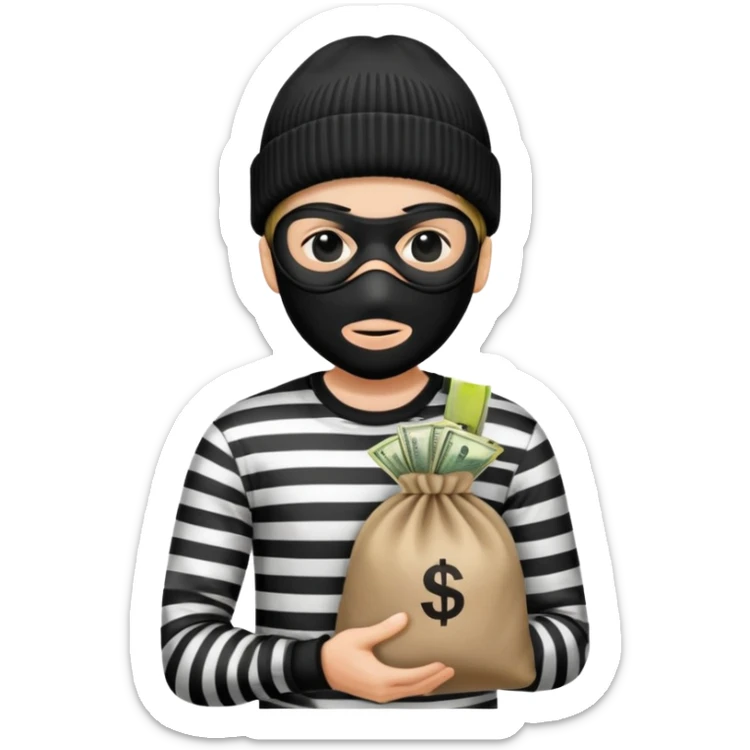 burglar with black and white striped shirt, black beanie, black mask over eyes, holding a moneybag sticker