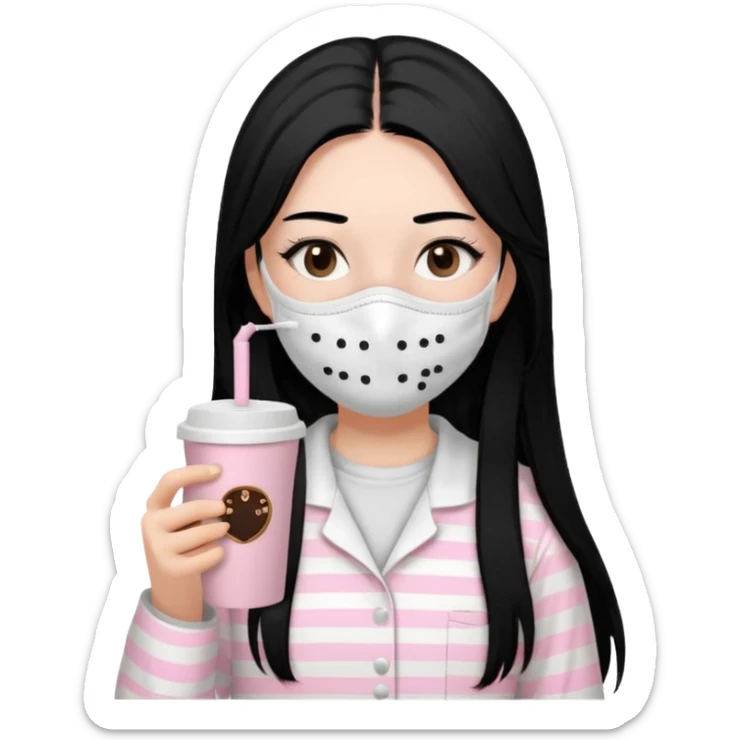 chica de pelo lacio color negro cabellera larga piyama blanca con rayas rosa claras peo no tan claras no oscuras el bordado es negro al igual que los botones )tiene una mascarilla para la carablanca y sostiene y cafe con bolitas nedras al dondo con unsorbete tranparente y es de test blanca  sticker
