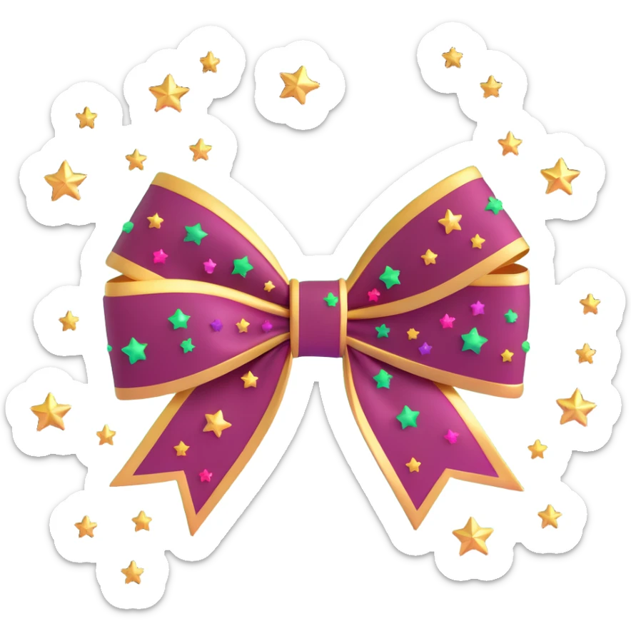 sparkly burgundy bow with gold outline and stars, glowing neon effect sticker