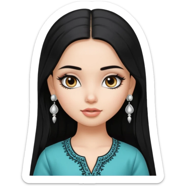 generate a pretty bratz girl wearing a kurti, eyeliner on, long straight hair, silver jhumkas in ear sticker