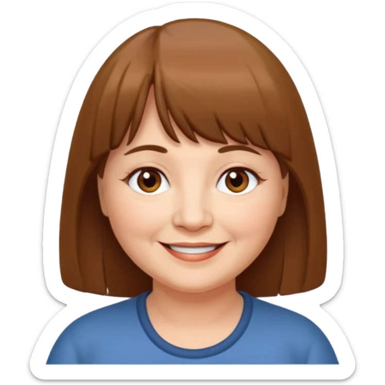 60 yr old woman, very small brown eyes, long straight brown hair, bangs, chubby sticker