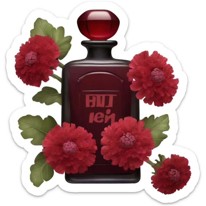 Dark red vintage French style perfume bottle with red scabiosa flowers sticker