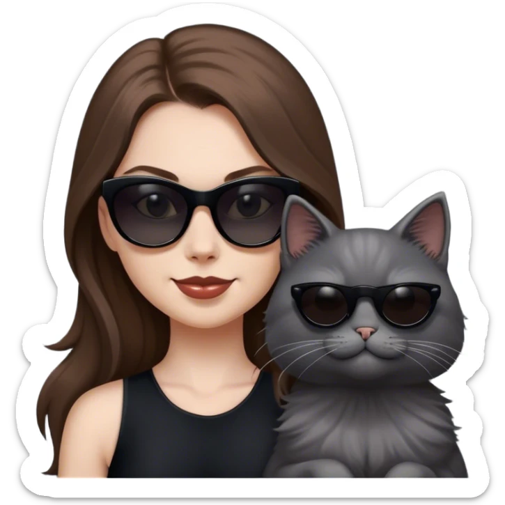 White woman with long brown hair wearing dark sunglasses and a black dress. She is smirking. next to her is a fluffy grey cat who is also wearing dark sunglasses sticker