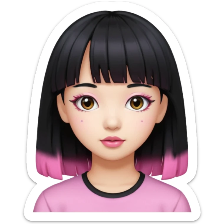 Girl with black hair but pink bangs and has a K-pop global pop star face sticker