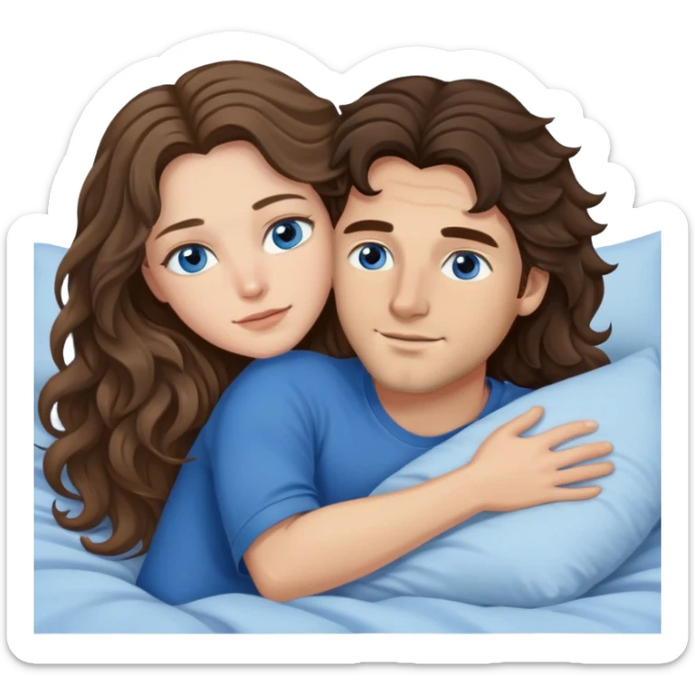 Man with dark brown wavy hair and  brown eyes and one woman with long dark blond wavy hair and blue eyes in bed cuddling  sticker