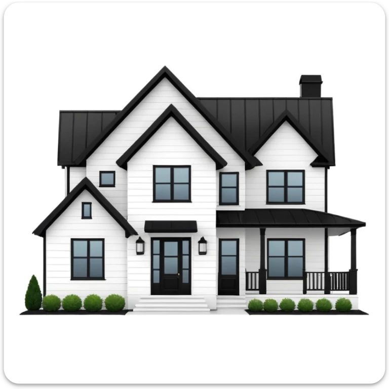 modern farmhouse with white siding, black roof and black trim, exterior view, 3d sticker