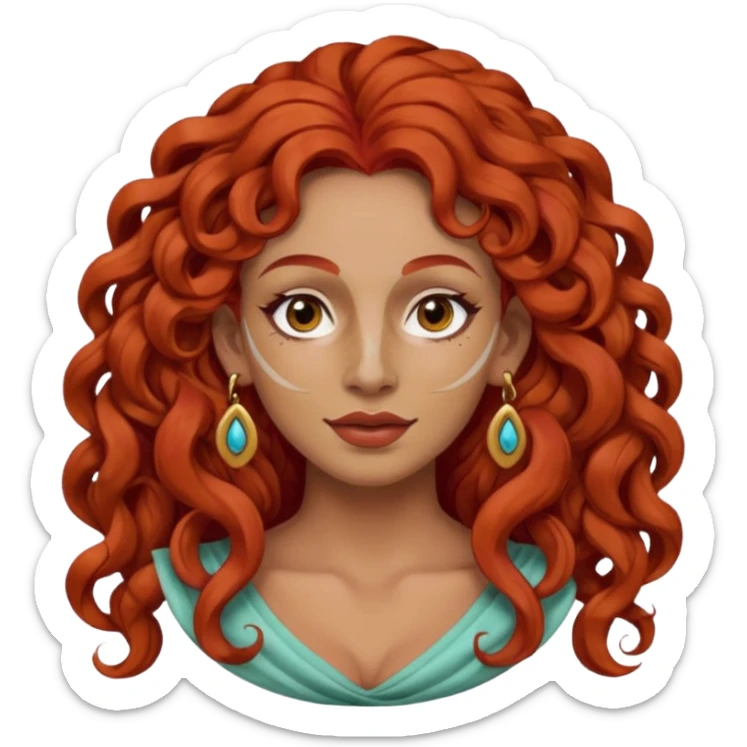 red haired very long curly haired woman with full face clay mask  and big earrings  sticker