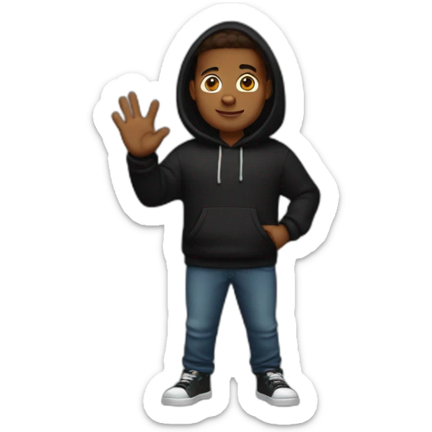 A brown skin guy in black hoodie, little fatty , waving hand , looking straight  sticker