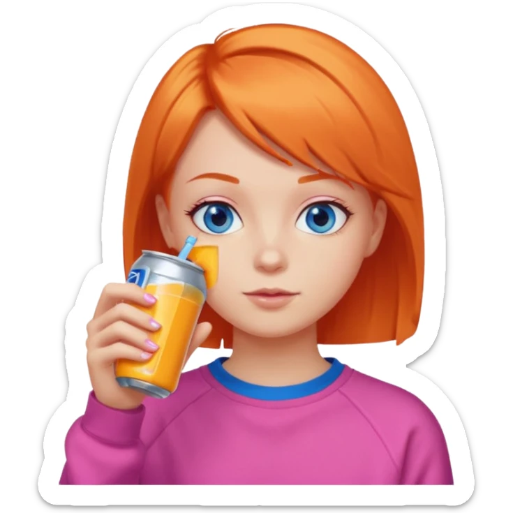 orange short hair girl sipping energy drink, blue eyes, pink sweatshirt sticker