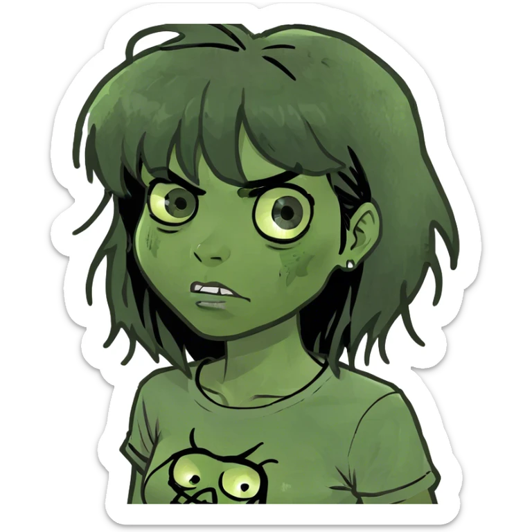 zombie girl with big black hair and bangs and greenish skin  sticker