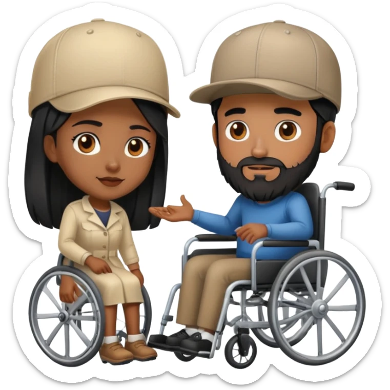 Beige skin man with a beard and cap in a wheelchair and a dark brown skin woman with long black hair in a wheelchair  sticker