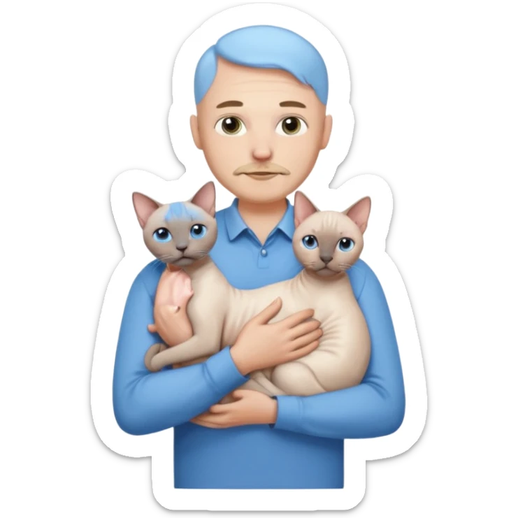 A couple a man and a woman. The man  is bald with a tiny beard and wearing a blue shirt, is holding a Siamese cat in his arms. The woman, who has light hair and is wearing a white dress, is holding a white Sphynx cat in her arms sticker
