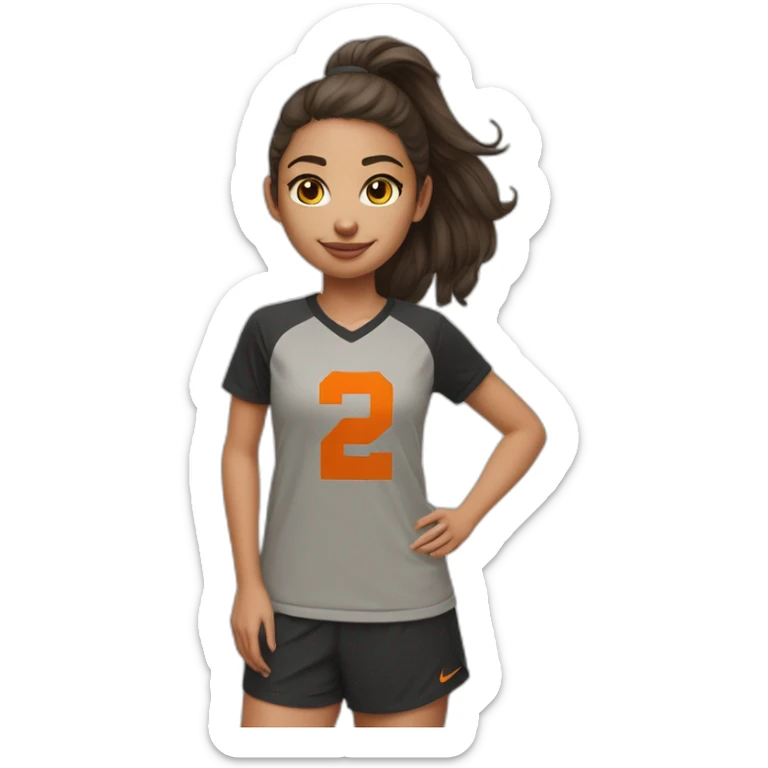 Fille footballeuse brune beige tee shirt gris short noir crampon orange Nike qui cour avec un ballon  sticker