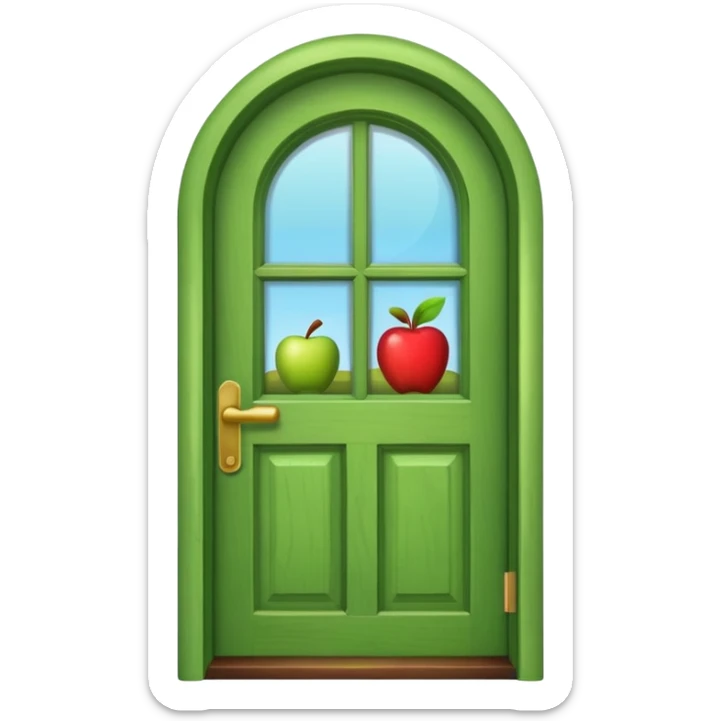 A wooden green door emoji in the style of Apple emoji with a handle and a window. sticker
