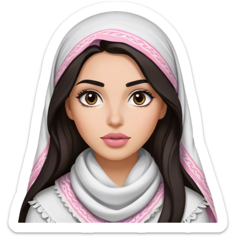A woman with long, dark hair wears a traditional white keffiyeh, her makeup is well done, with defined eyebrows and soft pink lips  sticker