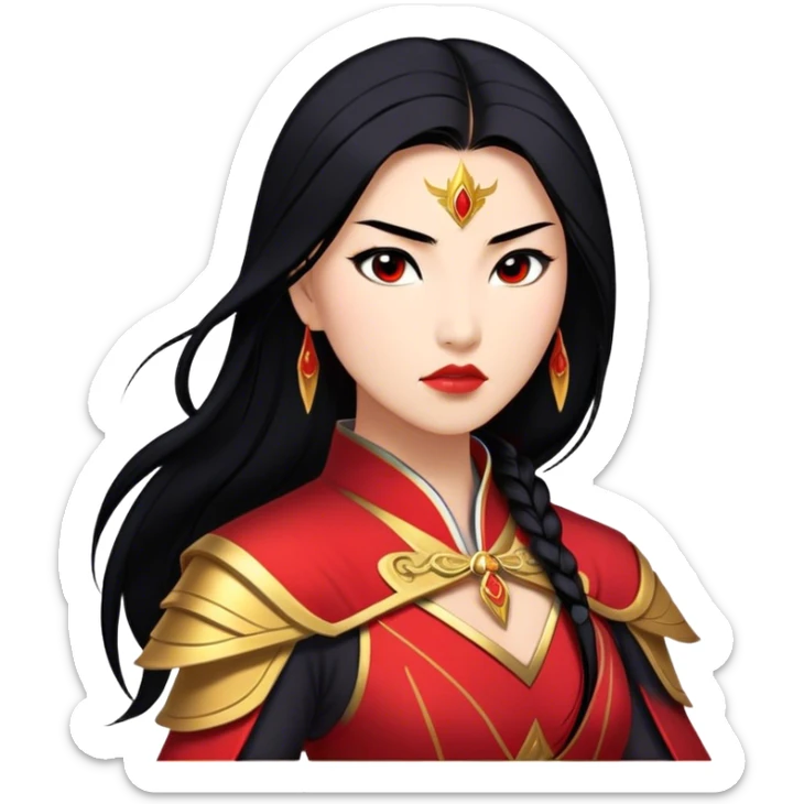 Cinematic Stunning Mulan Portrait Emoji, Fierce yet graceful, flowing raven-black hair, piercing brown eyes filled with determination, adorned in regal red and gold warrior attire, glowing with the strength and beauty of a true heroine, an elegant warrior in her prime! sticker