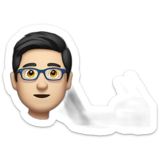 Middle age lean white man with black hair & glasses wearing a blue Tesla T-shirt poping from left front window of a left drive Black Tesla Model 3 sticker