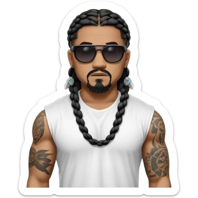 Samoan male. Chin goatee.
Unticked loose fitting white t-shirt. 
long black braided hair.
very muscular.
More tattoos. 
Tough and menacing.
Dark black square sunglasses. sticker