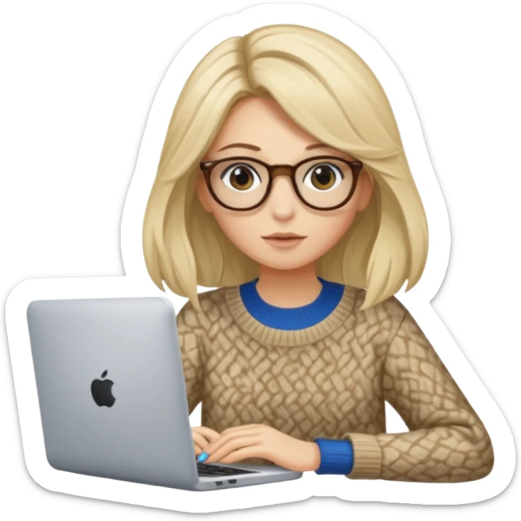 ragazza bionda con capelli lunghi, con occhiali tartarugati, occhi azzurri, con maglione beige, seduti alla scrivania che lavora al pc sticker