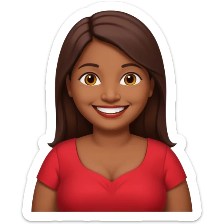 50 yr old chubby Sri Lankan woman, dark skin, straight brown hair, big smile, white teeth, red dress clothes, longer hair straight sticker