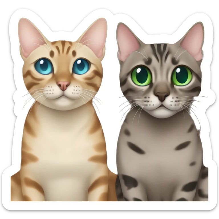 Seal Bengal cat with Blue eyes + charcoal Sepia bengal cat with Green eyes sit Next to each other  sticker