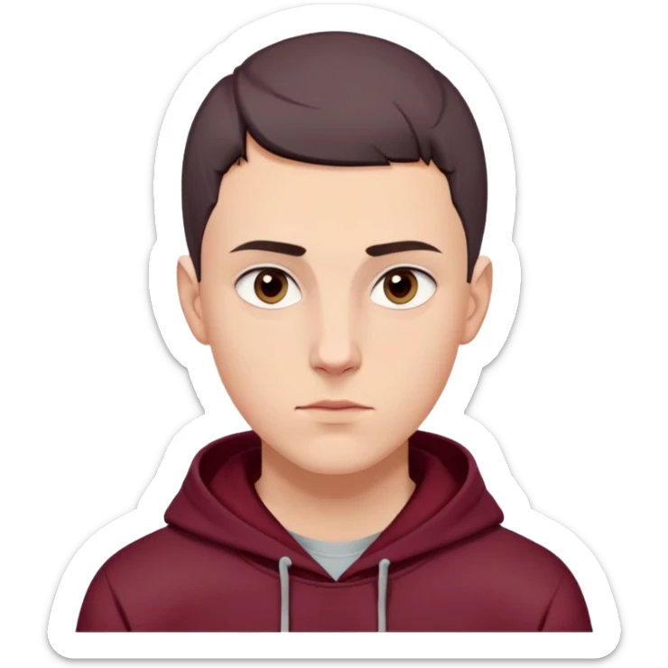 young white European male with short buzzcut dark hair, smooth clear skin, wearing a maroon hoodie with the hood up, oval-shaped face, defined jawline, high cheekbones, symmetrical features, sharp focused eyes, straight prominent eyebrows, calm neutral expression sticker
