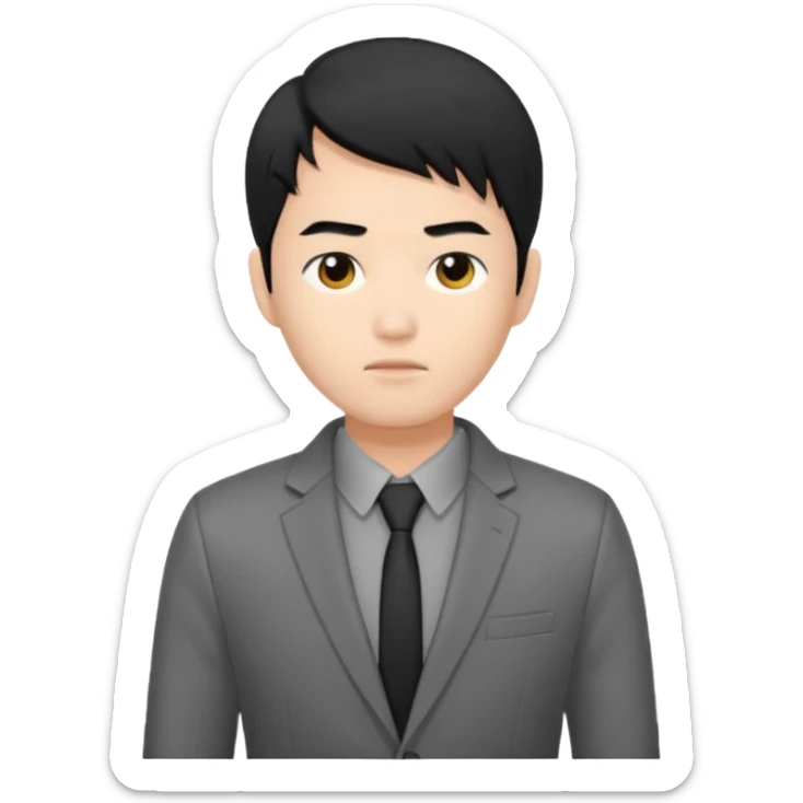 asian young man with black hair covering forehead in grey blazer and black t-shirt  sticker