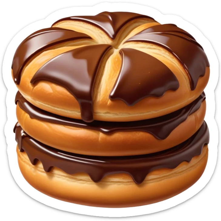 Cinematic warm pain au chocolat, flaky golden-brown pastry with a rich chocolate filling peeking through, perfectly crisp exterior, soft glowing highlights, inviting and indulgent. sticker