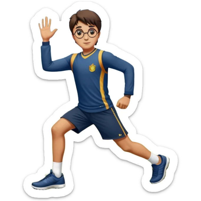 Harry Potter is in sports clothes doing morning exercises, he is in the field before his magic school sticker