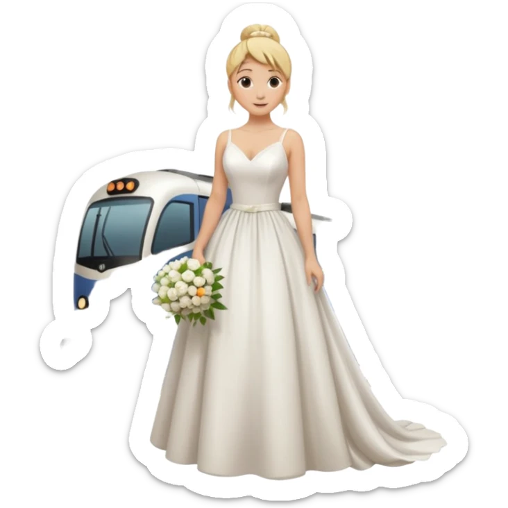 Chica blanca, cabello rubio, recogido en moño alto con mechones, vestido novia , cuerpo entero, ramo de flores en una mano, cola trasera sticker
