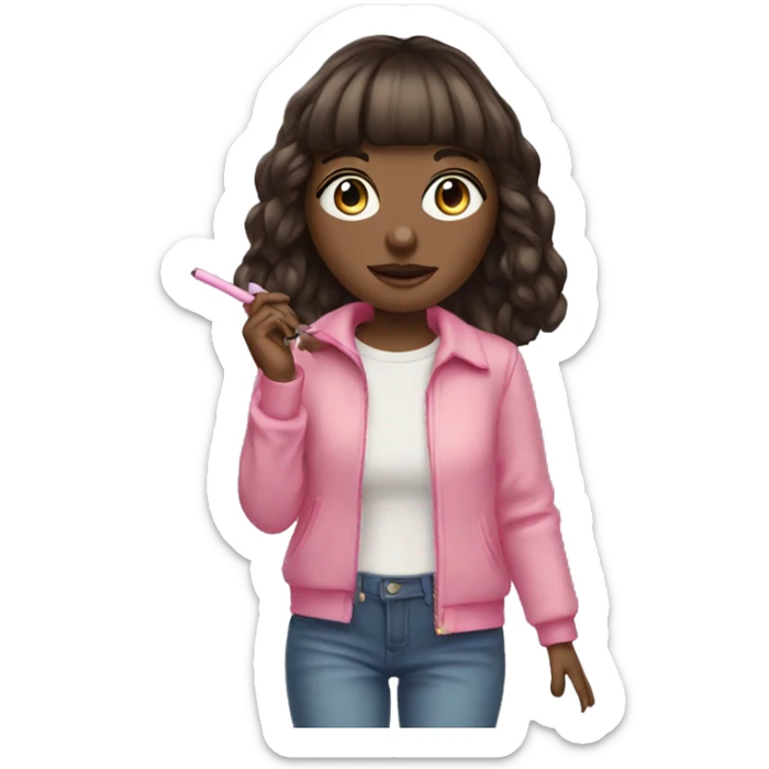 Brunette blue eyed girl with bangs pink outfit with a cbd blunt in her hand  sticker