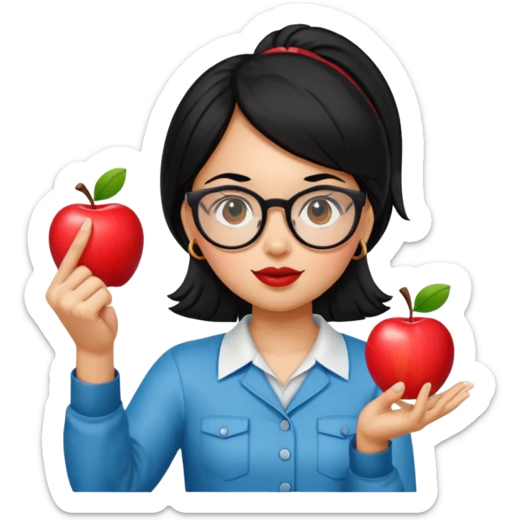 Guatemalan Girl with Black hair and Nerdy Glasses sticking up pointer finger, holding an apple sticker