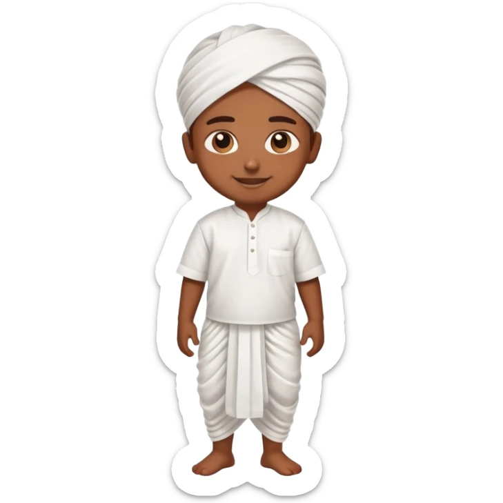 cartoon Samsung-style emoji of a Tamil boy wearing traditional attire: white veshti dhoti, shirt, colorful angavastram, cheerful expression sticker