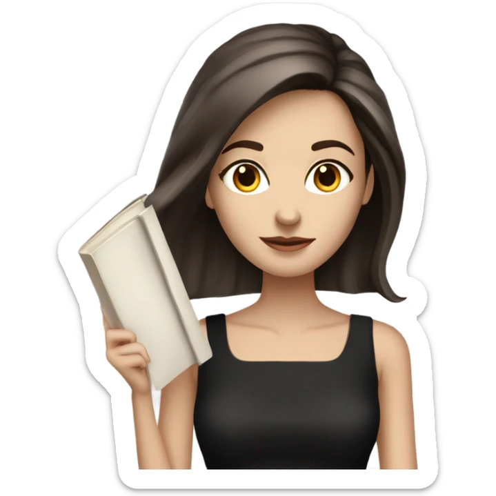 Beautiful skinny white woman long dark brown hair in dark dress with book sticker