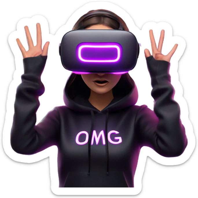 Russian girl wearing black hoody with violet letters "OMG", in vr headset oculus quest2. Dancing. Cyberpunk style. Violet neon. sticker